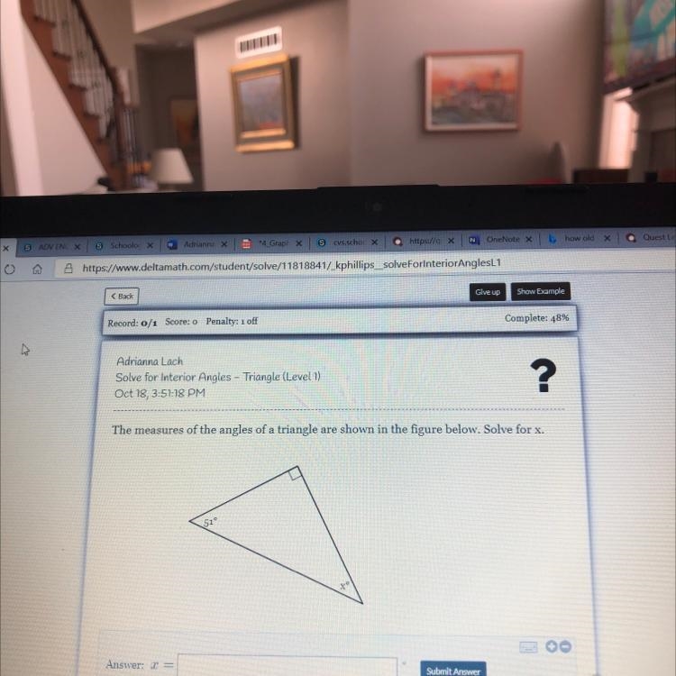 The measures of the angles of a triangle are shown in the figure below. Solve for-example-1