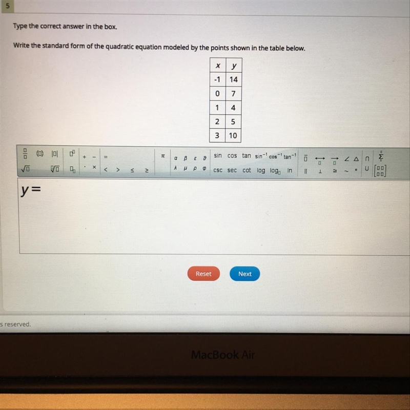 Write the standard form of the quadratic equation modeled by the points shown in the-example-1