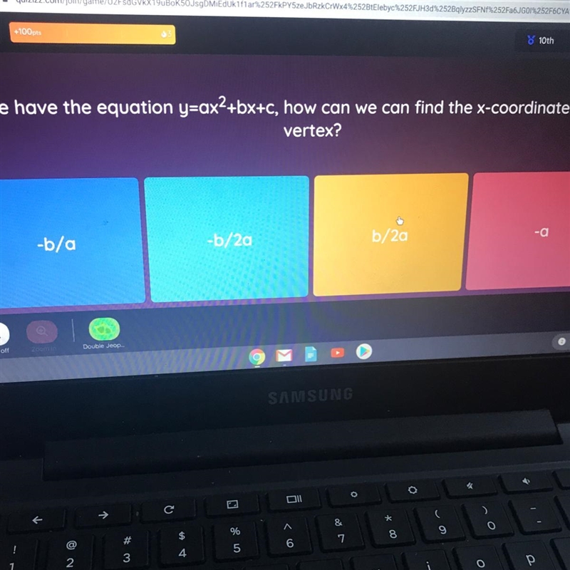 If we have the equation y=ax2+bx+c, how can we can find the x-coordinate of the vertex-example-1