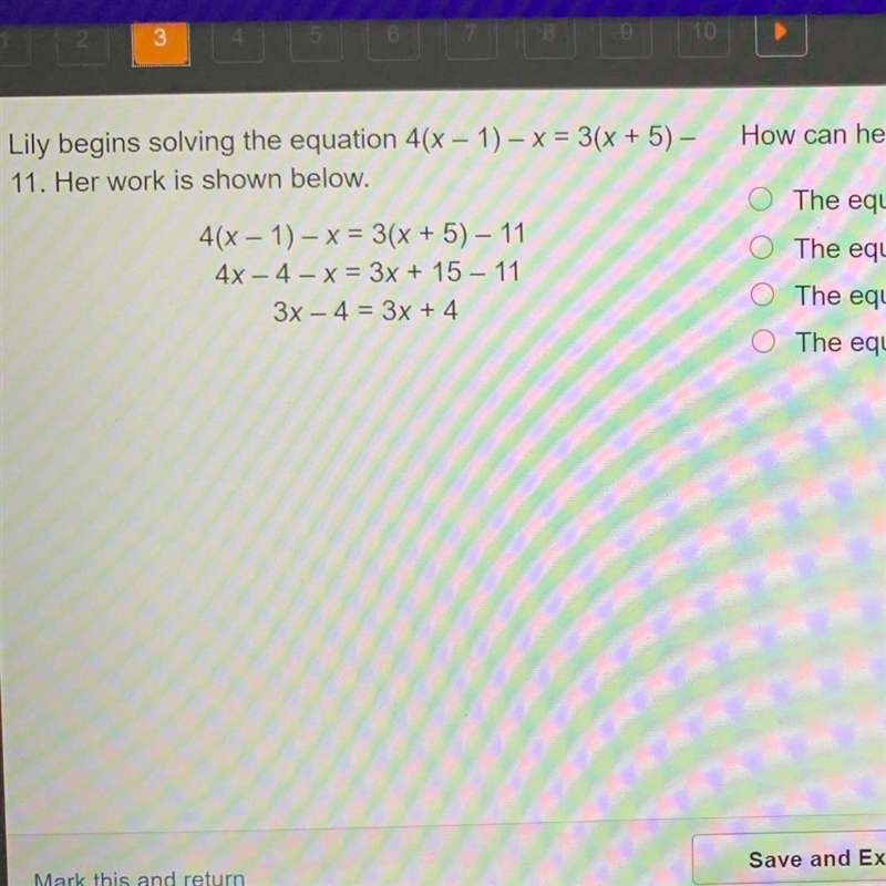 How can her partial solution be interpreted? O The equation has one solution: x = 0. O-example-1