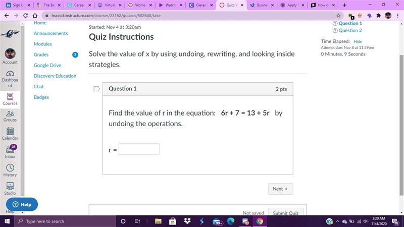 Solve the value of x by using undoing, rewriting, looking inside strategies. 6r + 7 = 13 + 5r-example-1