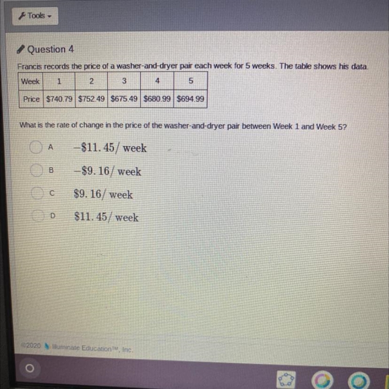 What is the rate of change in the price of the washer- and dryer pair between week-example-1