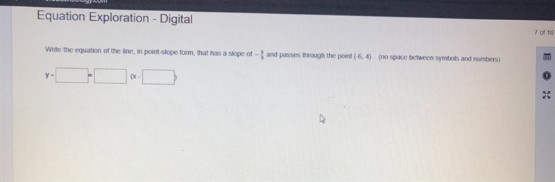 Write the equation of the line, in point-slope form, that has a slope of and passes-example-1