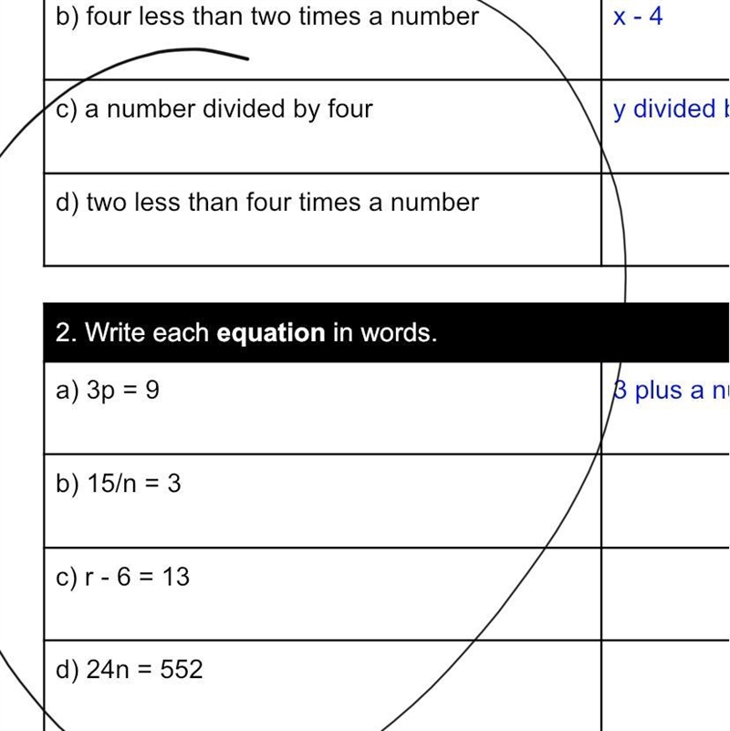 I need help with Algebraic expressions for each statements!!-example-1