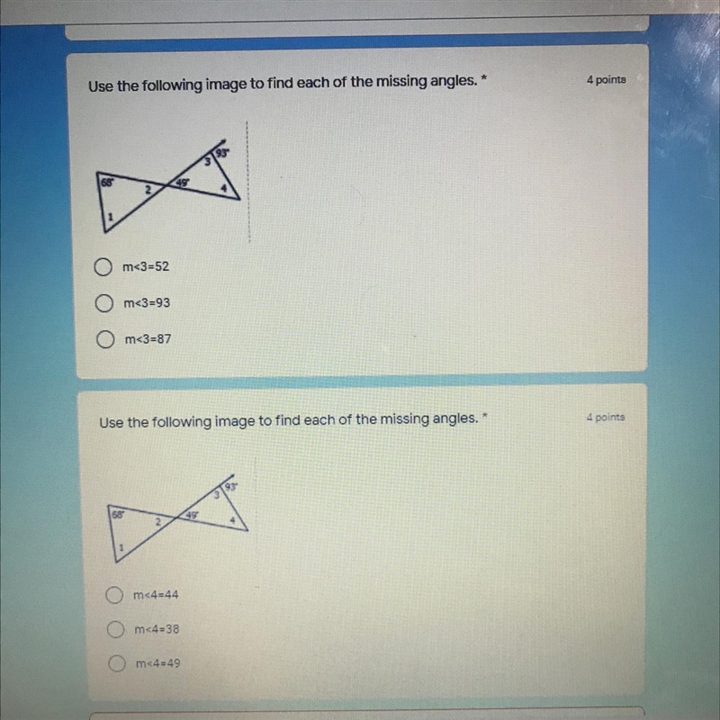 Use the following image to find each of the missing angles. Can someone help me please-example-1