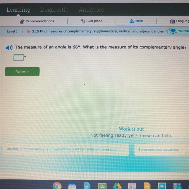 The measure of an angle is 66° . What is the measure of its complementary angle ?-example-1