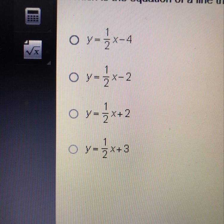 Which is the equation of a line that has a slope of 1/2 and passes through point (2,-3)-example-1