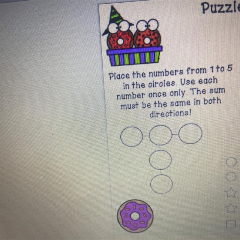 Place the numbers from 1 to 5 in the circles. Use each number once only The sum must-example-1