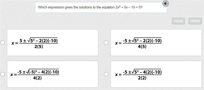 Which expression gives the solutions to the equation 2x^2 + 5x – 10 = 0?-example-1