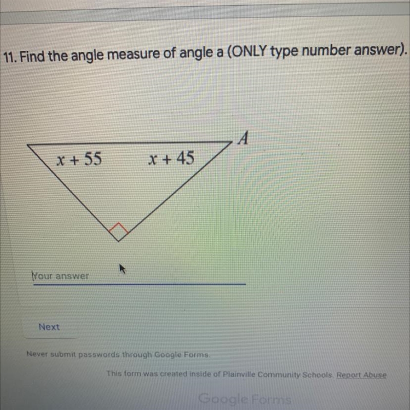 3 points 11. Find the angle measure of angle a (ONLY type number answer). * x + 55 x-example-1