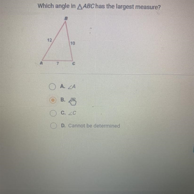 Which angle in ABC has the largest measure?-example-1