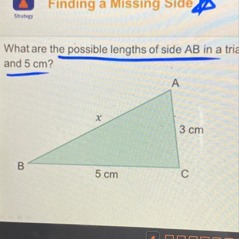 What are the possible lengths of side Ab in a triangle which the given side lengths-example-1