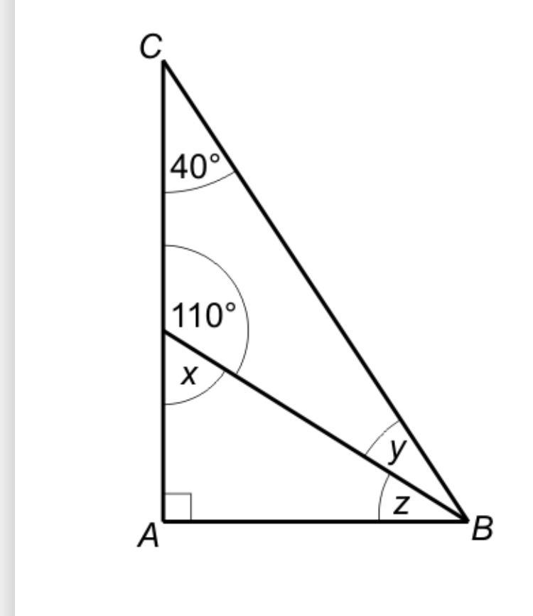 This diagram shows triangle abc work out the size of angles x y z-example-1