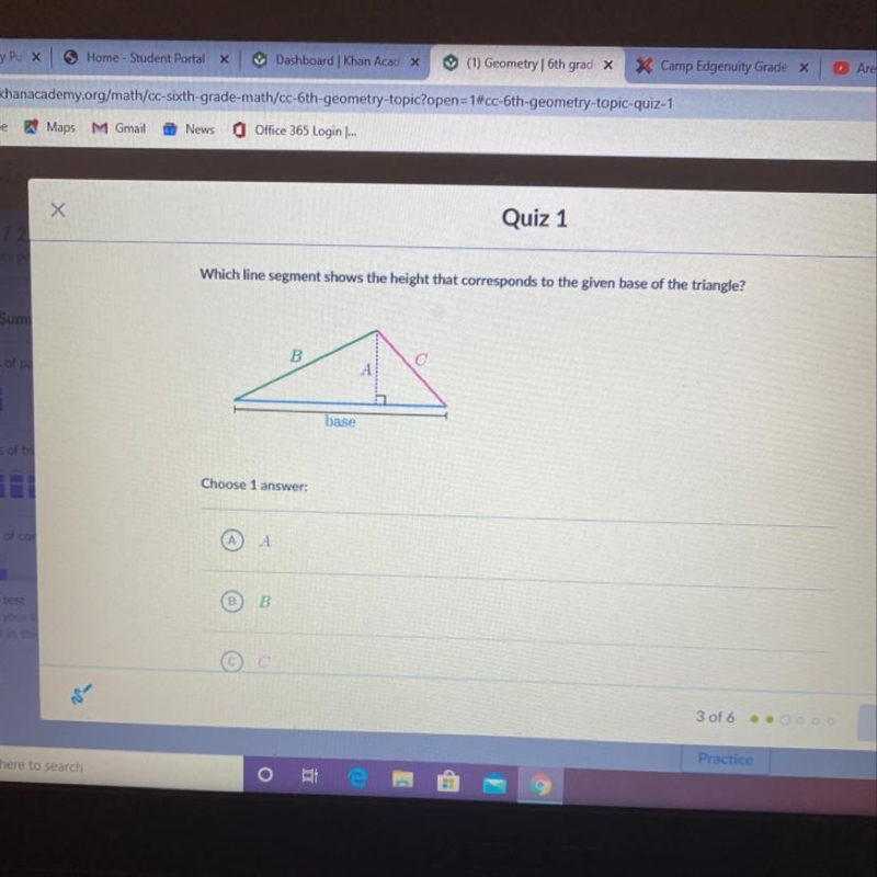 Which line segment shows the hight that corresponds to the given base of the triangle-example-1