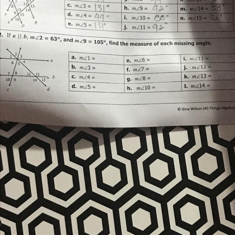 If a||b m<2=63 and m<9=105 find the measure of each missing angle-example-1