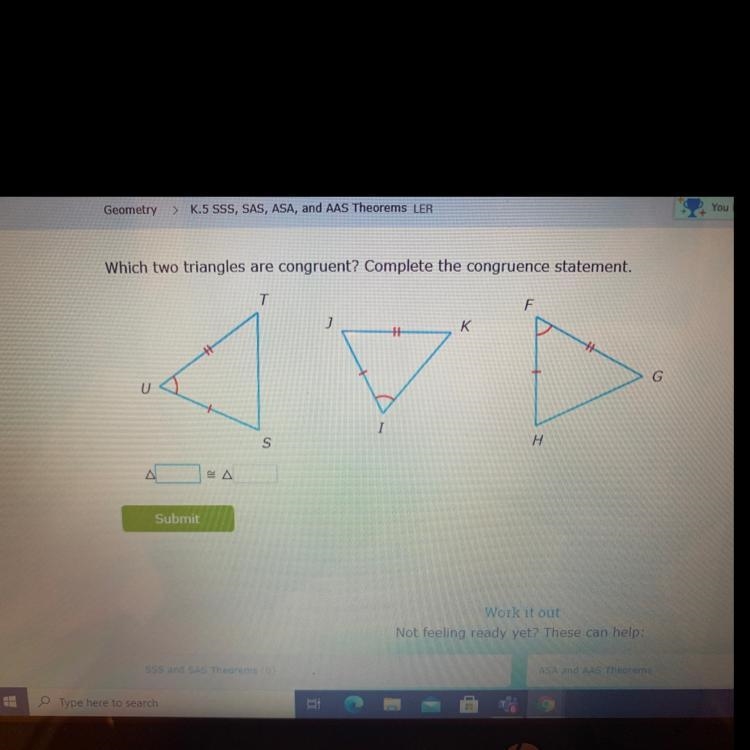 Which two triangles are congruent ? Complete the congruence statement . Please don-example-1