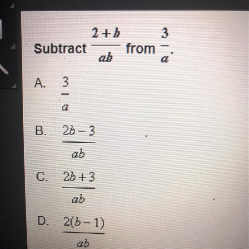 Subtract 2+b/ab from 3/a-example-1