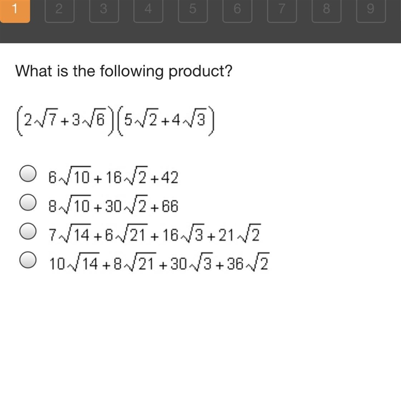 What is the following product? (2 sqrt 7 + 3 sqrt 6)(5 sqrt 2 + 4 sqrt 3-example-1