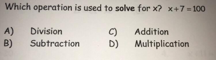 Which operation is used to solve for x? x+7=100-example-1