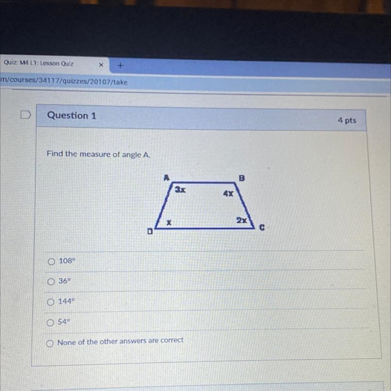 Find the measure of angle A. a) 1080 b) 36° c) 1440 d) 540 e) None of the other answers-example-1