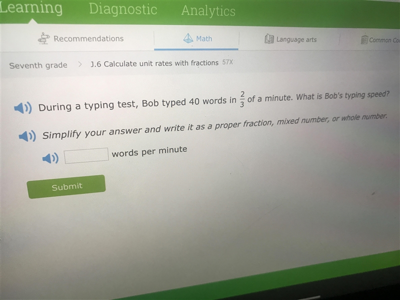 During a typing test , bob typed 40 words in 2/3 of a minute what is bobs typing speed-example-1