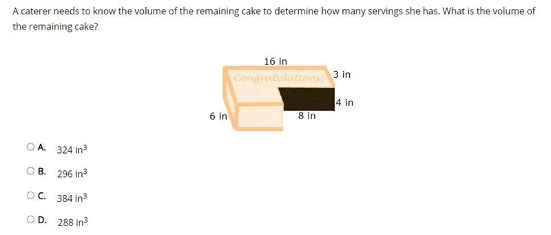 A caterer needs to know the volume of the remaining cake to determine how many servings-example-1