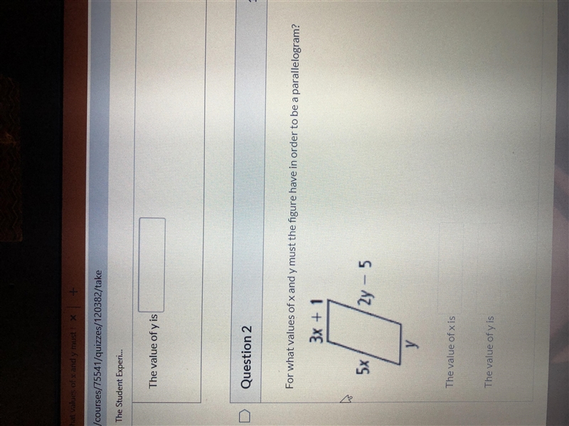 For what values of x and y must the figure have in order to be a parallelogram-example-1