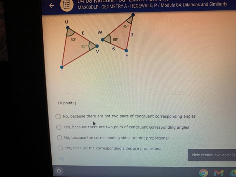 Are the two triangles below similar please let me know fast-example-1