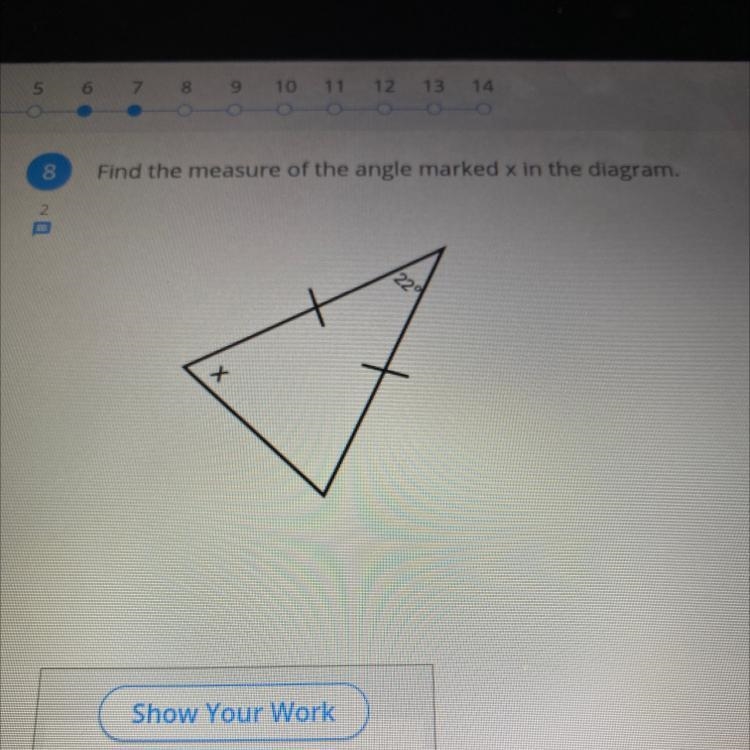 Find the measure of the angle marked x in the diagram. /22 x-example-1