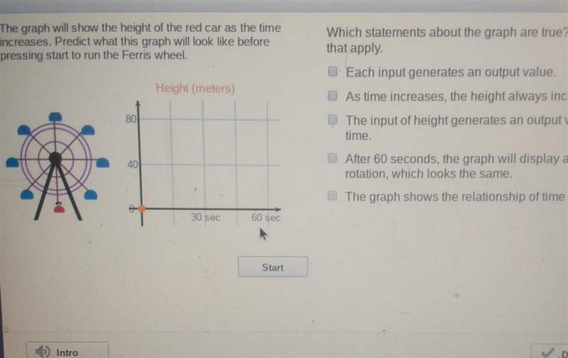 The graph will show the height of the red car as the time increases, Predict what-example-1