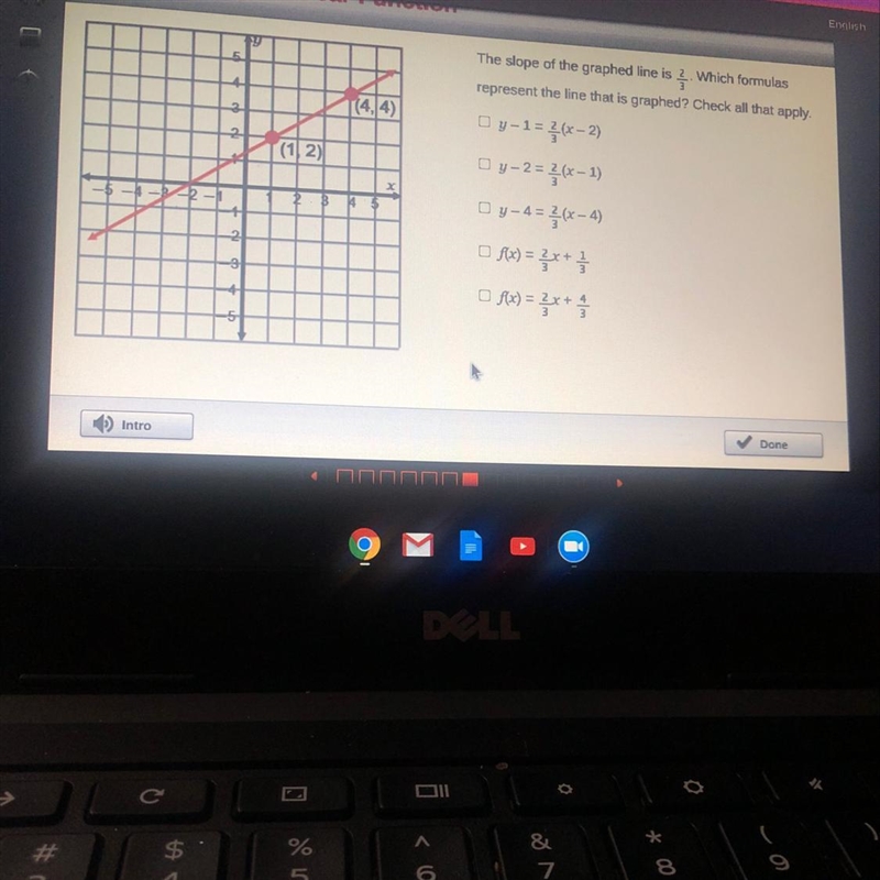 The slope of the graphed line is 2/3. Which formulas represent the line that is graphed-example-1