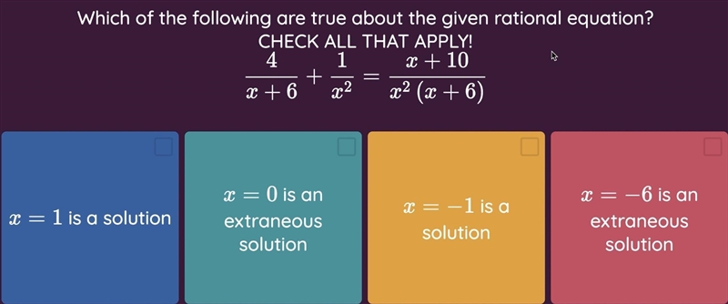 Which of the following are true about the given rational equations? CHECK ALL THAT-example-1