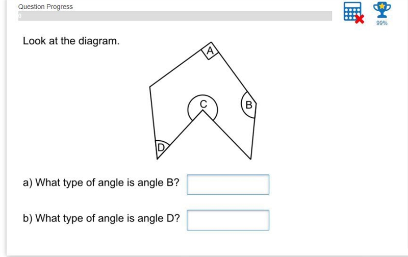 Look at the diagram. What type of angle is angle B? What type of angle is angle D-example-1