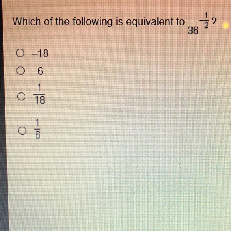 What is equivalent to 36^-1/2-example-1