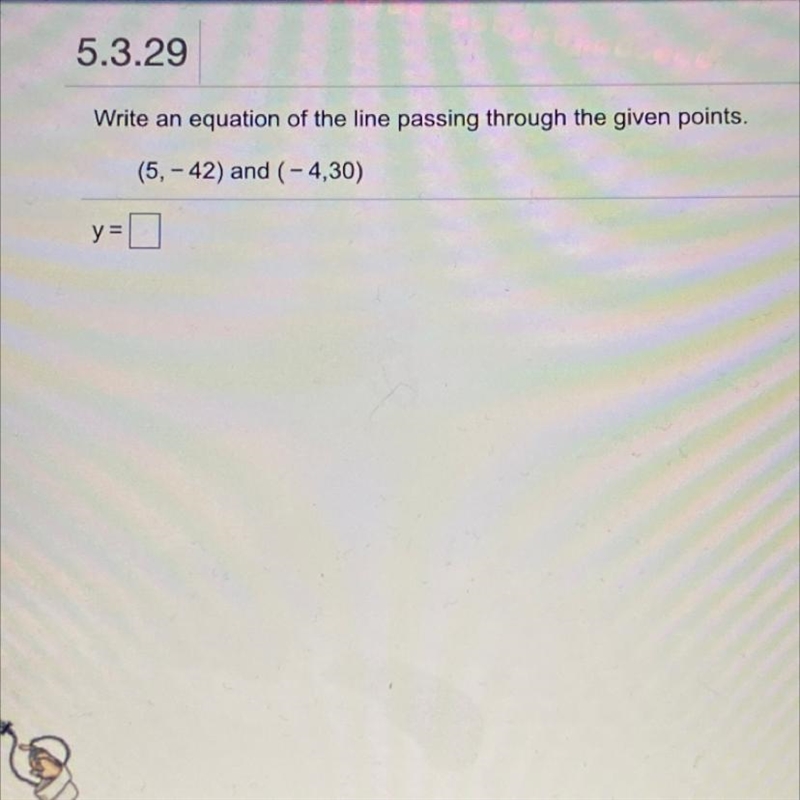 Write an equation of the line passing through the given points-example-1