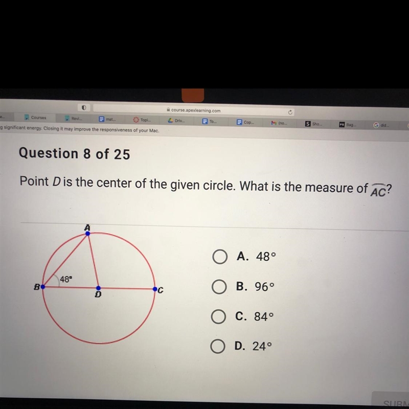 ANSWER PLEASE 15 POINTS!!!!! Point D is the center of the given circle. What is the-example-1