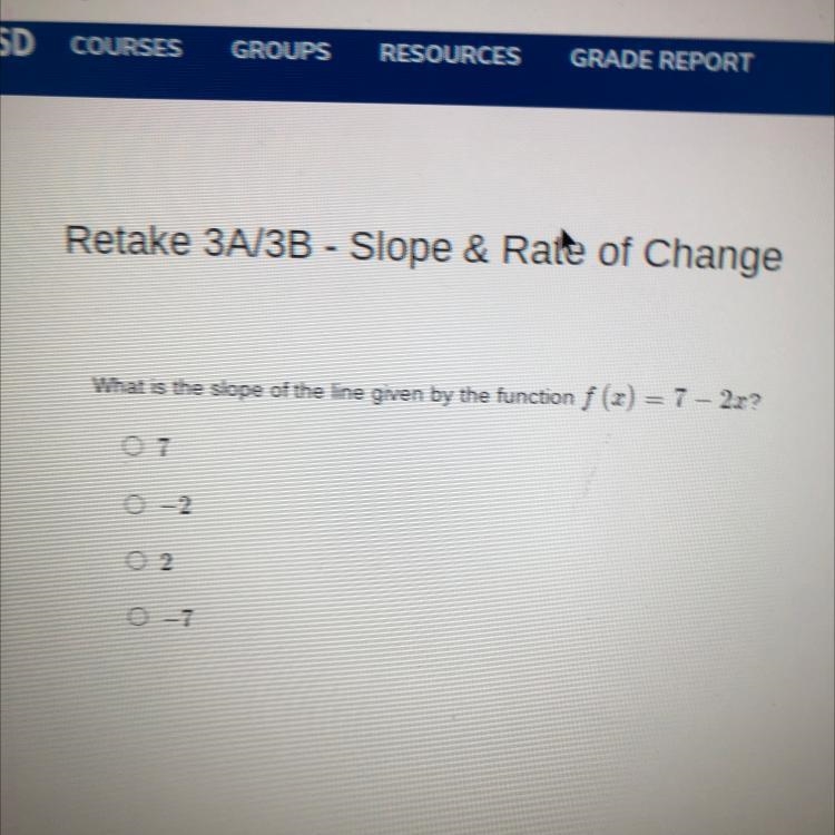 What is the slope of the line given by the function f (x) = 7 – 2x?-example-1