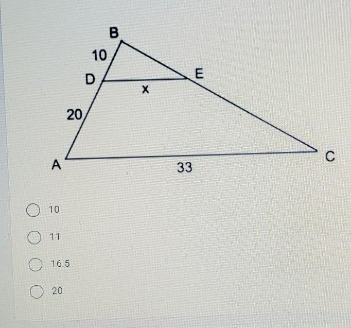 In the diagram below of triangle ABC, DE is parallel to AC. IF AD = 20, DB = 10 and-example-1