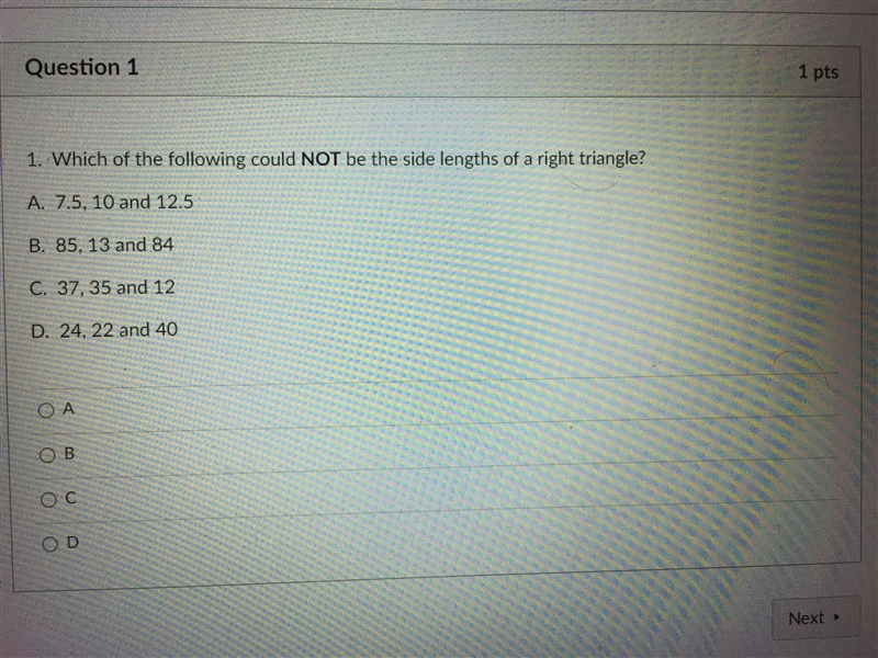 Which of the following could Not be the side length of a right triangle?-example-1