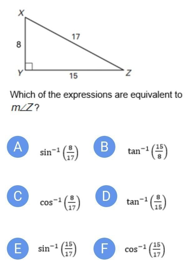 Which of the expressions are equivalent to angle z? ​-example-1