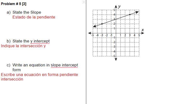 State the Slope. State the y intercept. Write an equation in slope intercept for.-example-1