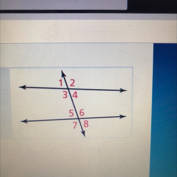 Identify two pairs of vertical angles.* 1. 1 and 4, 6 and 7 2. 2 and 3, 5 and 7 3 6 and-example-1