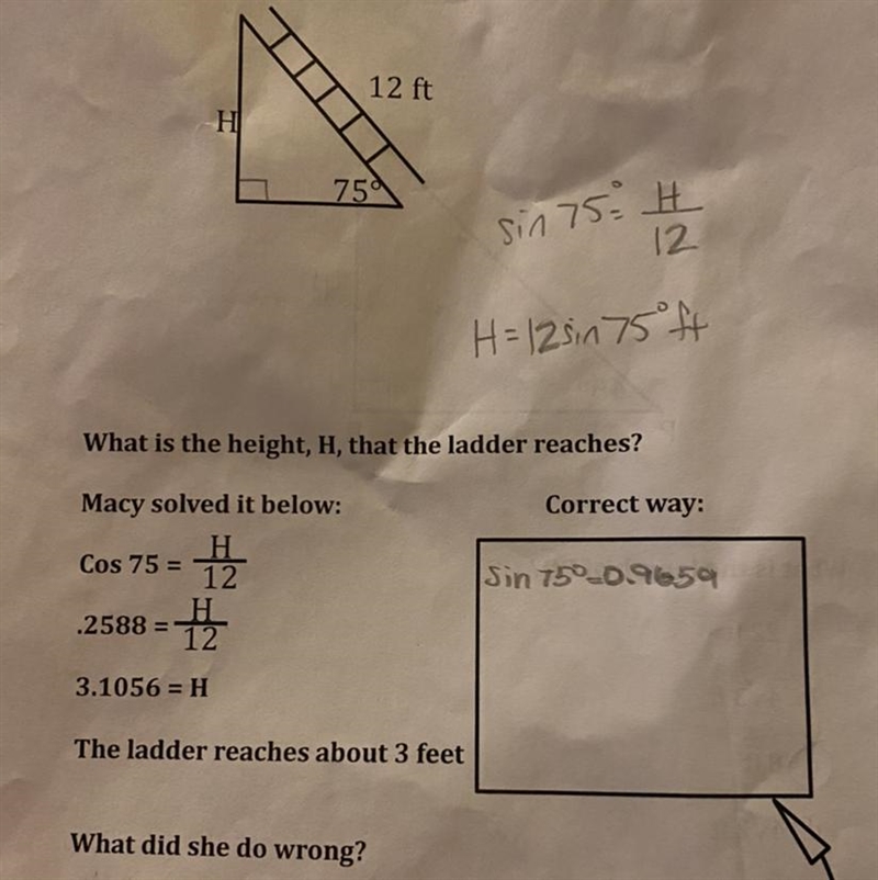 A 12 foot extension ladder makes a 75 degree angle with the ground, which is level-example-1