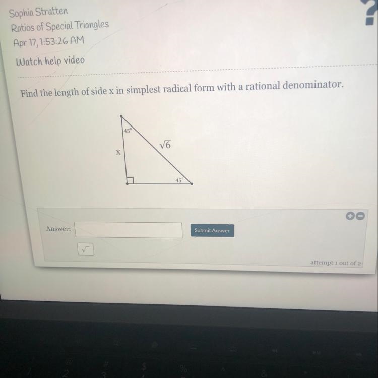 Find the length of the side x in simplest radical form with a rational denominator-example-1