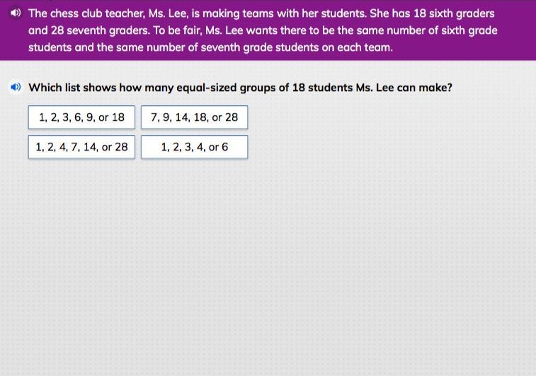 Which list shows how many equal-sized groups of 18 students Ms.Lee can make?-example-1