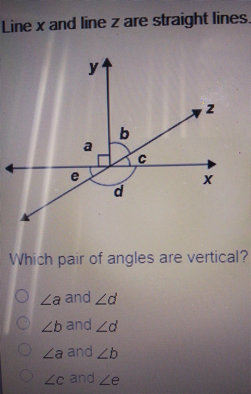 Line x and line z are straight lines. Which pair of angles are vertical? A. Angle-example-1