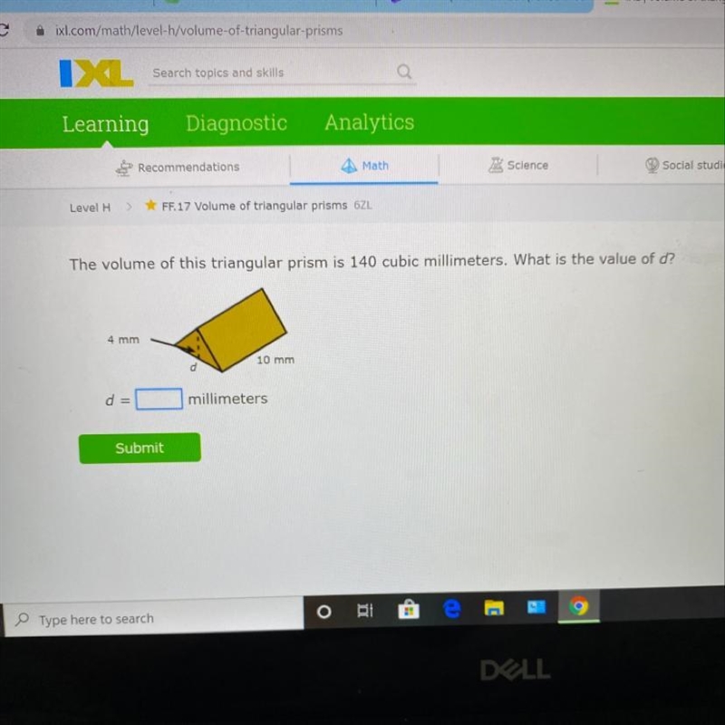 The volume of this triangular prism is 140 cubic millimeters. What is the value of-example-1