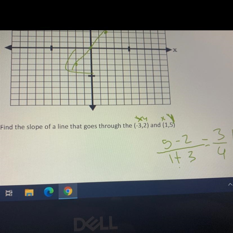 = Find the slope of a line that goes through the (-3,2) and (1,5) PLz helpp Im confused-example-1