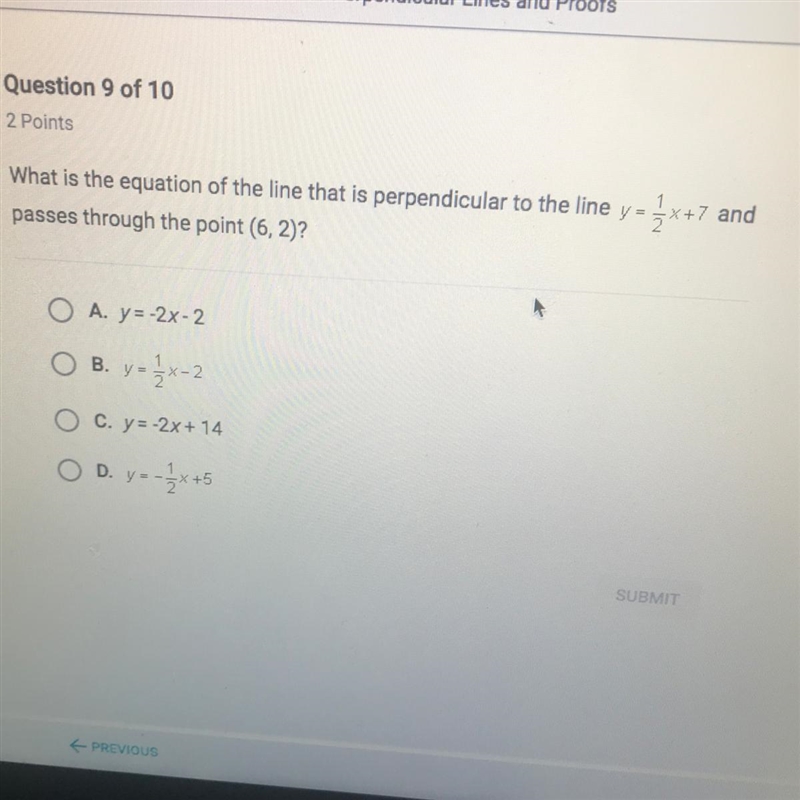 What is the equation of the line that is perpendicular to the line y = 1/2 x + 7 and-example-1