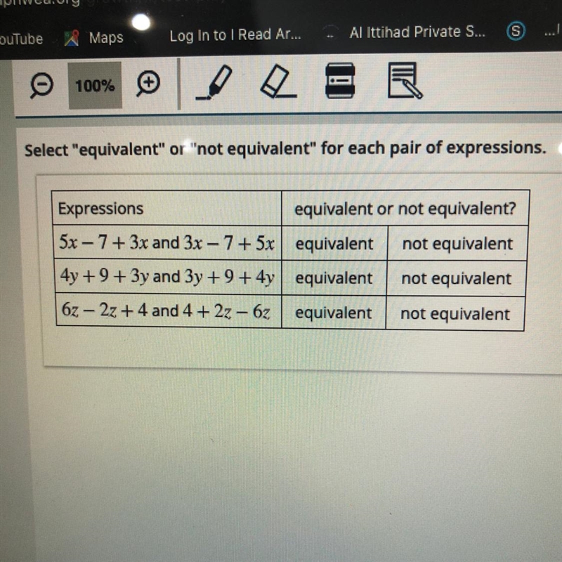 Select "equivalent" or "not equivalent" for each pair of expressions-example-1